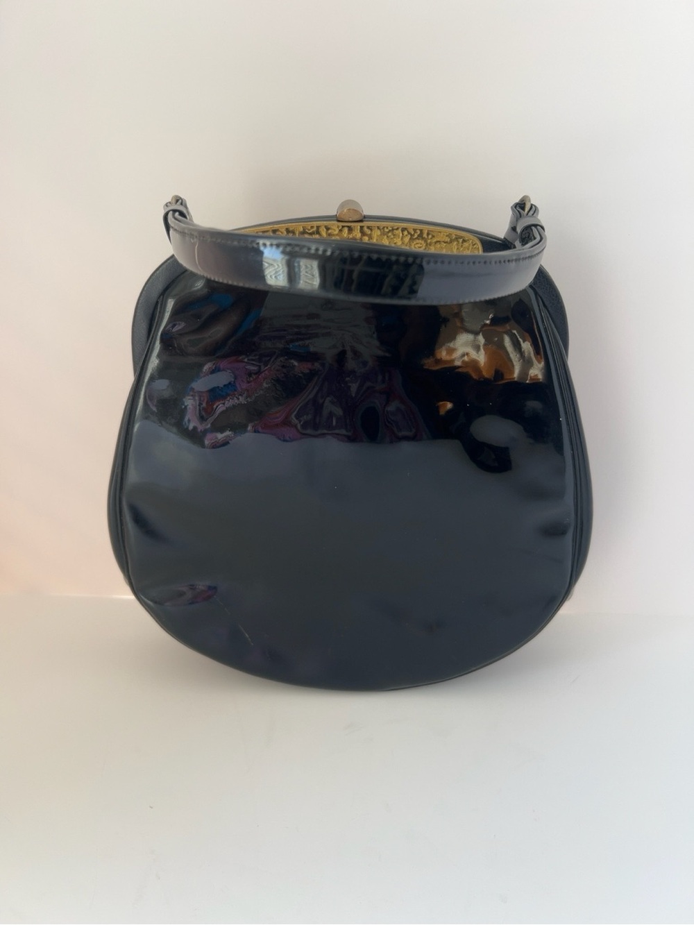 Vintage Lewis Black Patent Handbag 1960s Gold Hardware Structured Top Handle - Picture 5 of 11